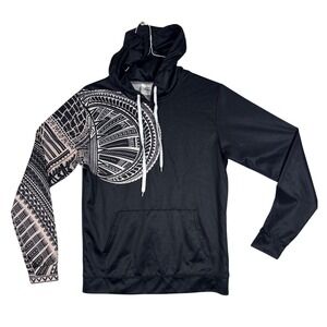 Mens Polynesian Tribal Tattoo Graphic Print Hoodie Black White Size S Pullover